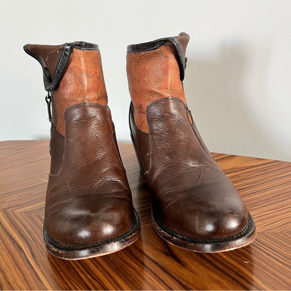 J.B. Dillon Western Cowboy 2 Tone Brown Leather Ankle Boots with Side Zip 7 1/2 - Picture 3 of 17
